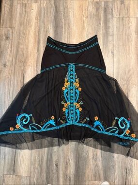 Black Embroidered Circle Skirt with Turquoise and Yellow Floral Accents